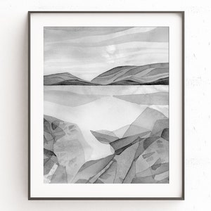 Black and White Wall Art Print of Abstract Painting, Large Artwork for Walls, Monotone Landscape Illustration, Lake and Mountains Wall Decor