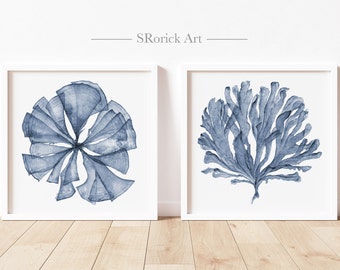 Hamptons Style Print Set of 2 Blue Sea Fans, Square Two Piece Wall Art Classic Coastal Decor, Botanical Artwork for Walls 4x4 to 16x16 Inch