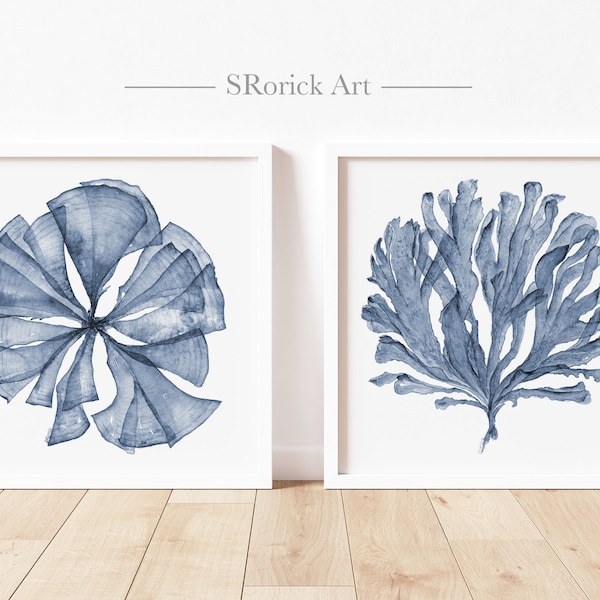 Hamptons Style Print Set of 2 Blue Sea Fans, Square Two Piece Wall Art Classic Coastal Decor, Botanical Artwork for Walls 4x4 to 16x16 Inch