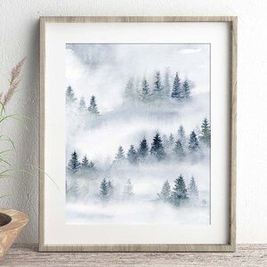 Abstract Painting Misty Forest Print, Watercolor Landscape Nature Print, Blue Grey Artwork for Walls, Foggy Trees Living Room Wall Decor