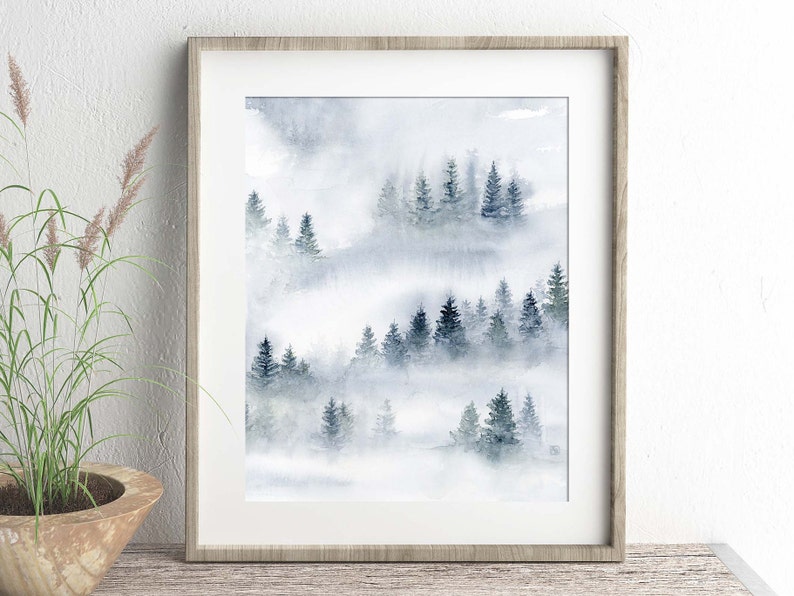 Abstract Painting Misty Forest Print, Watercolor Landscape Nature Print, Blue Grey Artwork for Walls, Foggy Trees Living Room Wall Decor