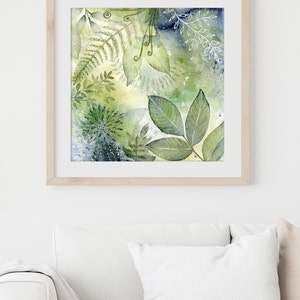 Giclee Watercolor Print, Blue Green Leaves Botanical Abstract Painting, Spa Bathroom Wall Decor, Zen Garden Artwork for Walls, 4x4 to 16x16