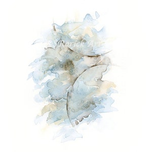 May include: Abstract watercolor painting in shades of blue, gray, and brown. The painting features a swirling, organic shape with a textured surface.