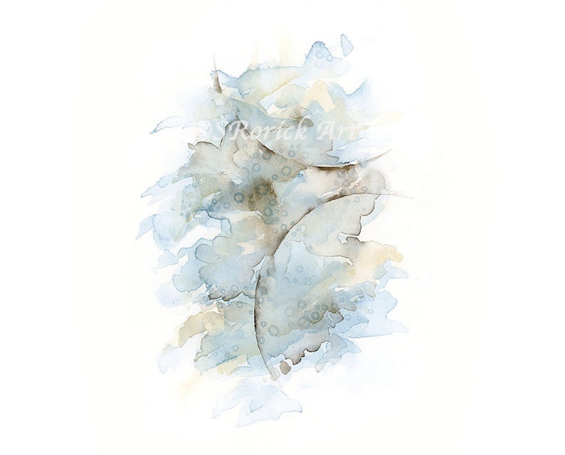May include: Abstract watercolor painting in shades of blue, gray, and brown. The painting features a swirling, organic shape with a textured surface.