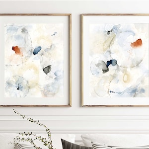 Abstract Art Print Set of 2 Watercolor Paintings, Blue Grey Cream Matching Pictures, Bedroom Wall Decor Over the Bed, Soft Artwork for Walls