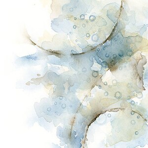 以下が含まれることがあります： 青と茶色の色合いの抽象的な水彩画。絵画は円と線の渦巻き模様で、動きと深みを感じさせる。