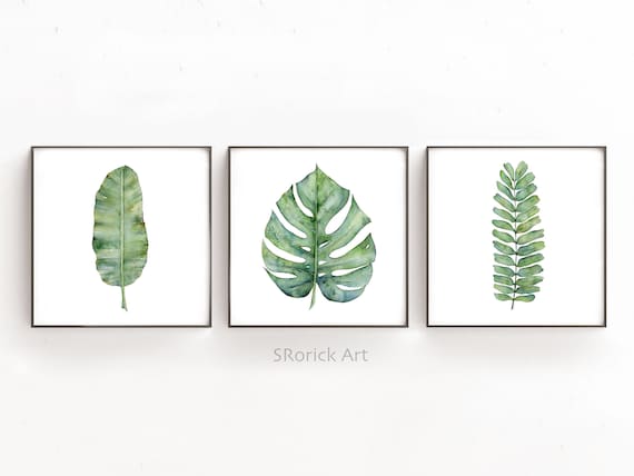 Botanical Art Print Set of 3 Prints in Square Format, 3 Piece Wall Art Banana Leaf, Monstera Leaf and Fern Watercolor Paintings 4x4 to 16x16