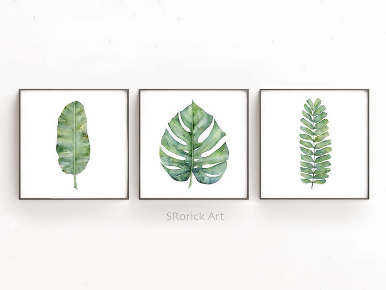 Botanical Art Print Set of 3 Prints in Square Format, 3 Piece Wall Art Banana Leaf, Monstera Leaf and Fern Watercolor Paintings 4x4 to 16x16 image 1
