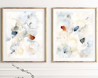 Abstract Wall Art Print Set of Two Watercolor Paintings, Blue Grey Cream Matching Artwork for Walls, Living Room Wall Decor Over the Sofa