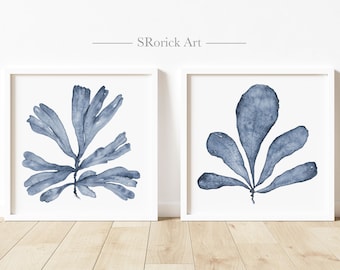 Hampton Wall Art, Small Square 2 Piece Wall Art Set of Prints, Navy Blue Coral Sea Fan Coastal Decor, 5x5 Inch Botanical Artwork for Walls