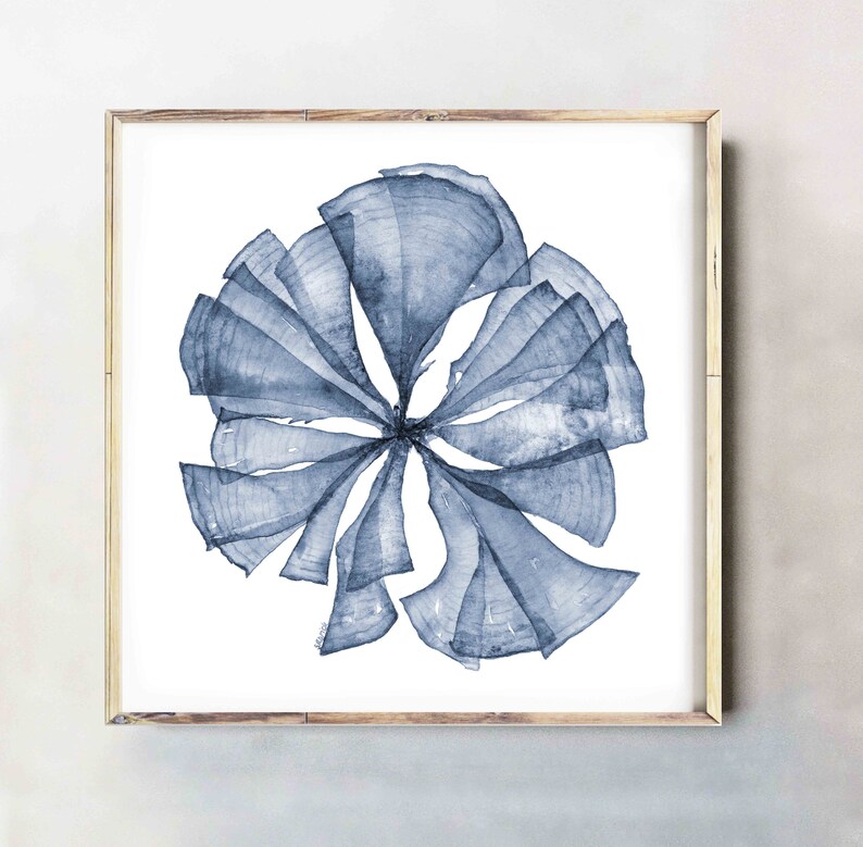 May include: A watercolor painting of a blue, abstract flower with a white background. The flower is made up of many overlapping petals, creating a sense of depth and movement.