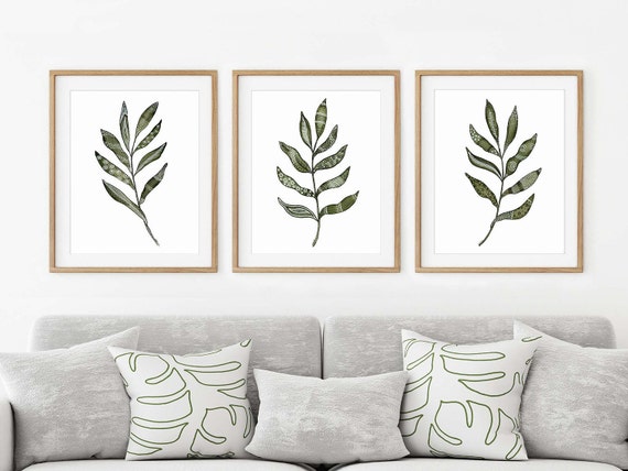 Leaf Prints, Living Room Above Couch Wall Decor, Minimalist Art Print Set,  3 Piece Wall Art in Green, Black, White, Folk Art Style Pattern -   Denmark