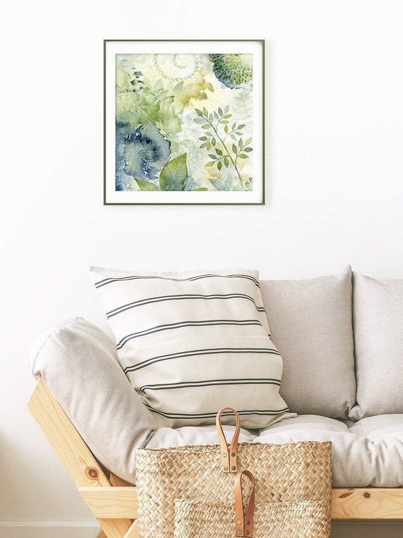Botanical Wall Art Print of Abstract Painting, Blue Green Leaves and ...
