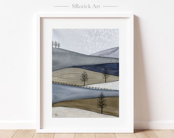Impresión de acuarela de montaña en gris azulado y beige. Arte mural con colinas ondulantes y árboles, ilustración de paisaje neutro. Impresión artística Giclée.