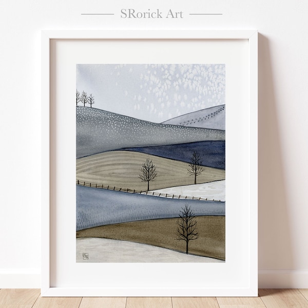 Mountain watercolor print in blue grey and beige. Rolling hills and tree wall art, neutral landscape illustration. Giclee fine art print.