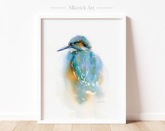 Kingfisher Print of Bird Watercolor Painting in Teal Blue, Fine Art Giclee of Abstract Painting, Audubon Bird Lover Gift