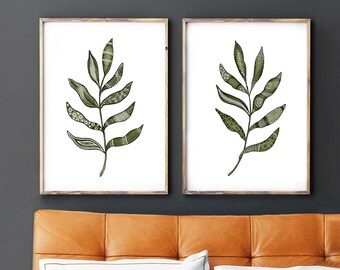 Gallery Wall Set of Two Prints, Olive Green Leaf Prints with Black and White Detail, Giclee Watercolor Paintings, Diptych Artwork for Walls