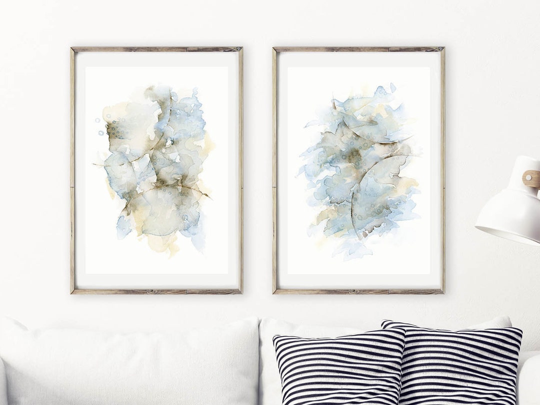 Large Artwork, Living Room Wall Art Over the Sofa Set of 2 Prints, Grey Blue Brown Cream, Two ...