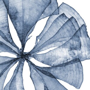 May include: A blue watercolor painting of a stylized flower with multiple petals radiating outward from the center.