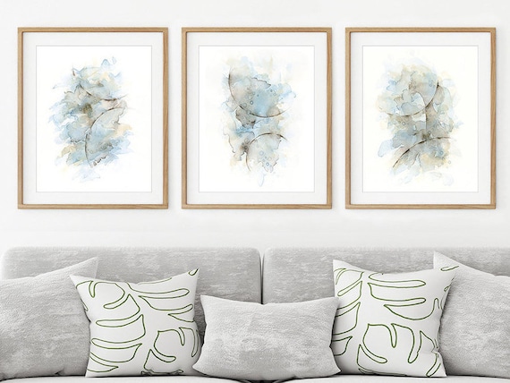 Art Print Set Of 3 Abstract Watercolor Paintings Matching Pictures Grey Blue Living Room Wall Decor Bedroom Wall Art Aesthetic Room Decor