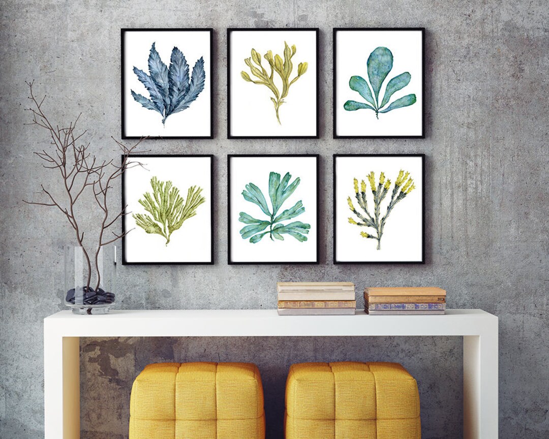 Coral Sea Fan Wall Art Print Set of 6 Watercolor Paintings, Hamptons
