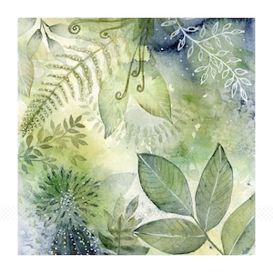 Giclee Watercolor Print, Blue Green Leaves Botanical Abstract Painting, Spa Bathroom Wall Decor, Zen Garden Artwork for Walls, 4x4 to 16x16