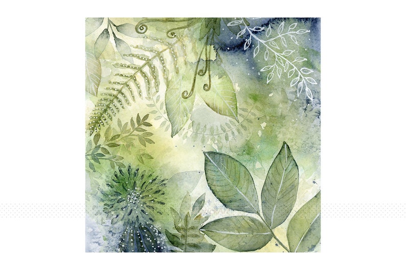 Giclee Watercolor Print, Blue Green Leaves Botanical Abstract Painting, Spa Bathroom Wall Decor, Zen Garden Artwork for Walls, 4x4 to 16x16