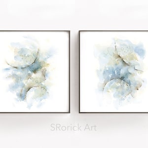 Wall Art Print Set of 2, Square Two Piece Abstract Painting Artwork for Walls, Soft Blue Grey Beige Matching Pictures, 4x4 to 16x16 Inches