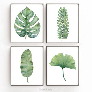 Botanical Print Set of 4 Prints of Monstera Fern Banana Ginkgo Leaf Watercolor Paintings in Blue Green, Bedroom Wall Decor Over the Bed Art