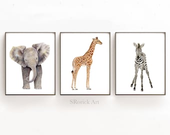 Set of 3 Prints, Watercolor Zebra, Giraffe, Elephant Painting, Safari Nursery Wall Decor for Baby Room, Three Piece Wall Art for Kids Room
