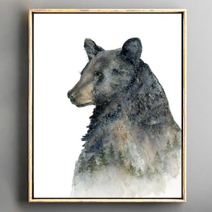 Black Bear Watercolor Print, Nature Lover Gift for Him, Man Cave Rustic Wall Decor, Woodland Animal Artwork for Walls, Office Wall Decor