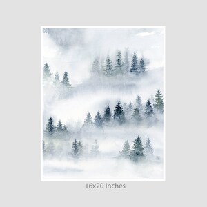 Impresión de pintura abstracta de bosque brumoso, impresión de paisaje natural en acuarela, obra de arte azul grisáceo para paredes, decoración de pared de sala de estar con árboles brumosos imagen 7
