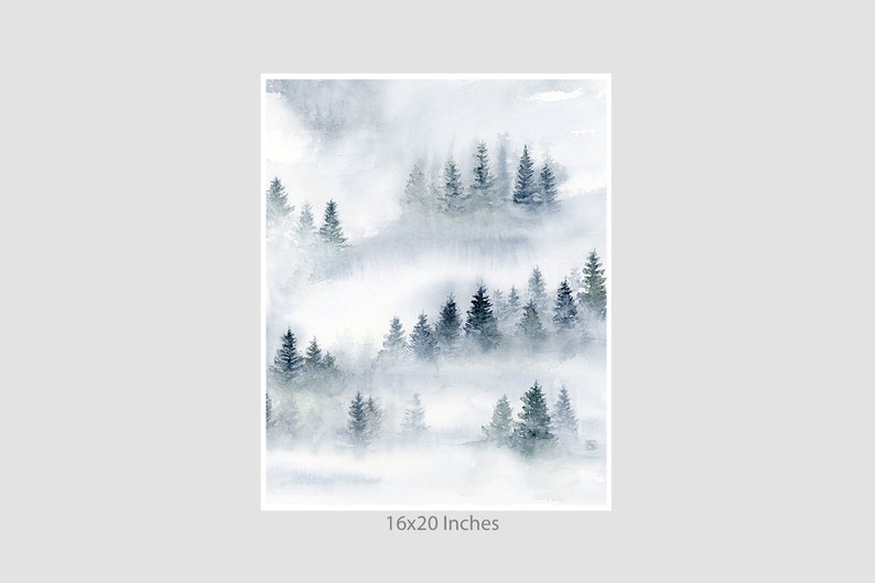 Impresión de pintura abstracta de bosque brumoso, impresión de paisaje natural en acuarela, obra de arte azul grisáceo para paredes, decoración de pared de sala de estar con árboles brumosos imagen 7