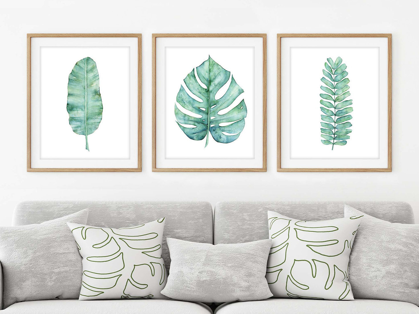 Teal Blue Botanical Prints Set of 3 of Monstera, Fern, Banana Leaf ...