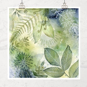 May include: Watercolor painting of a leafy green botanical pattern with white accents. The background is a light blue and yellow watercolor wash.