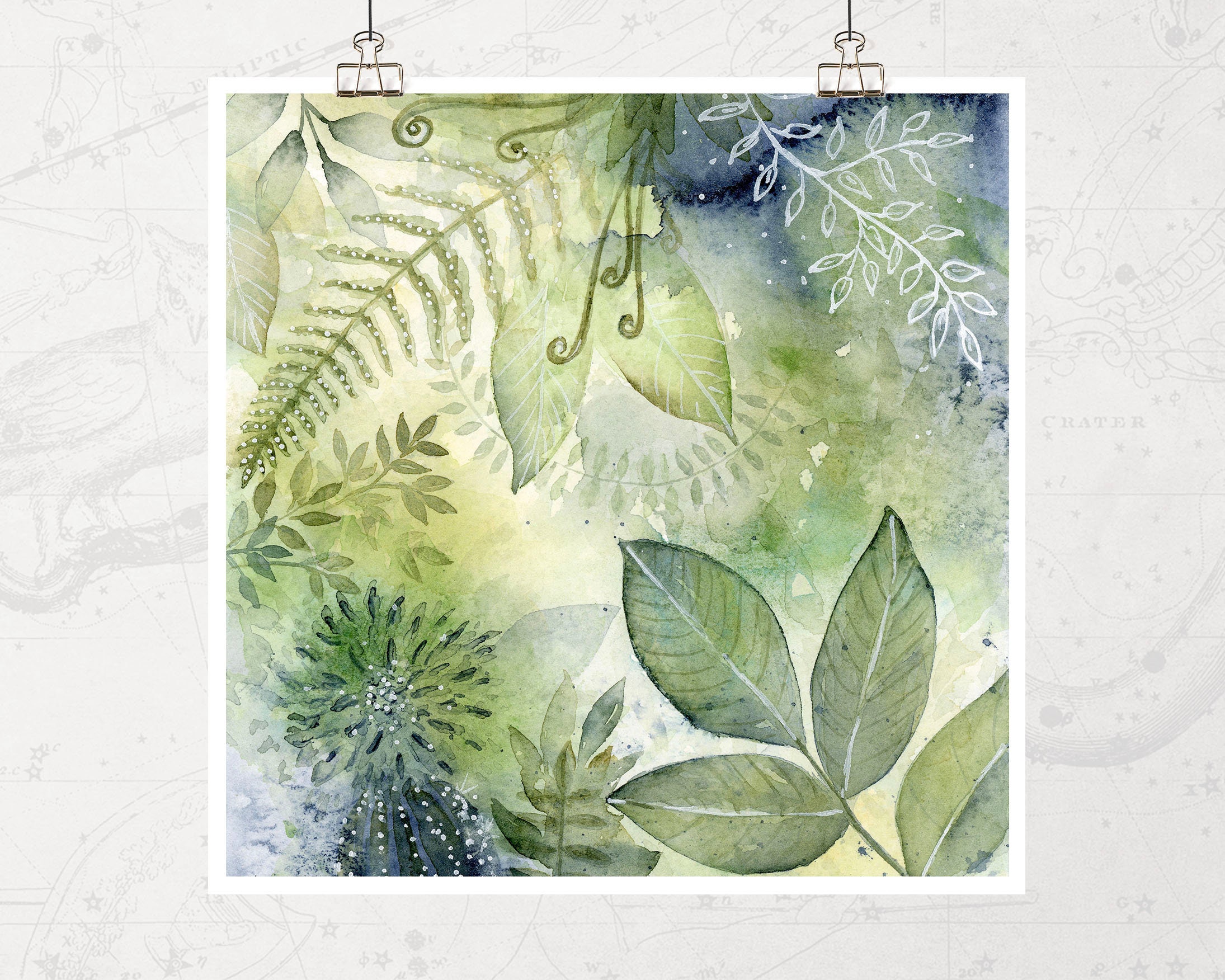 Giclee Watercolor Print, Blue Green Leaves Botanical Abstract Painting ...