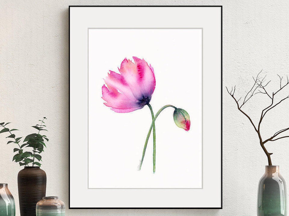 Pink Flower Art Print of Poppy Watercolor Painting Colourful - Etsy