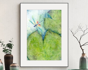 Dragonfly Wall Art Print of Watercolor Painting, Minimalist Artwork for Bedroom, Feng Shui Wall Art for Yoga Studio Decor, Blue Green Teal