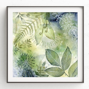 Giclee Watercolor Print, Blue Green Leaves Botanical Abstract Painting, Spa Bathroom Wall Decor, Zen Garden Artwork for Walls, 4x4 to 16x16