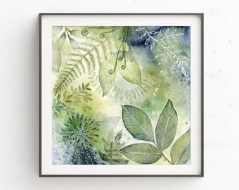 Giclee Watercolor Print, Blue Green Leaves Botanical Abstract Painting, Spa Bathroom Wall Decor, Zen Garden Artwork for Walls, 4x4 to 16x16