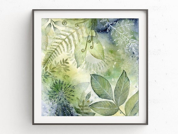 Giclee Watercolor Print, Blue Green Leaves Botanical Abstract Painting, Spa Bathroom Wall Decor, Zen Garden Artwork for Walls, 4x4 to 16x16