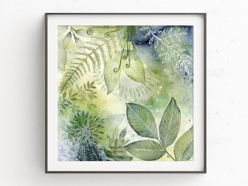 Giclee Watercolor Print, Blue Green Leaves Botanical Abstract Painting, Spa Bathroom Wall Decor, Zen Garden Artwork for Walls, 4x4 to 16x16