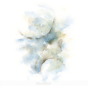 以下が含まれることがあります： 青、緑、茶色の色合いの抽象的な水彩画。絵画は、重なり合った円と有機的な形を特徴としています。