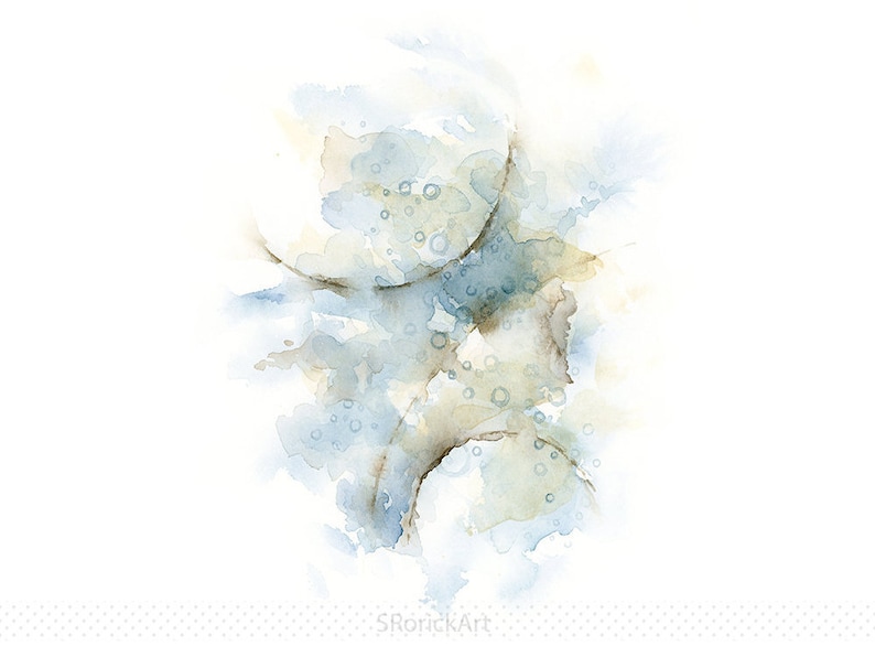 以下が含まれることがあります： 青、緑、茶色の色合いの抽象的な水彩画。絵画は、重なり合った円と有機的な形を特徴としています。