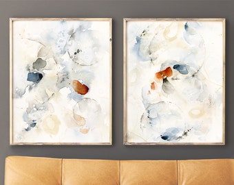 Wall Art Print Set of 2 Abstract Paintings, Watercolor Diptych, Blue Grey Cream Soft, Subtle Wall Decor for Living Room Walls, Zen Inspired