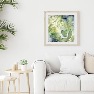 Giclee Watercolor Print, Blue Green Leaves Botanical Abstract Painting, Spa Bathroom Wall Decor, Zen Garden Artwork for Walls, 4x4 to 16x16