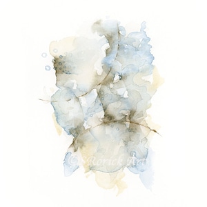 May include: Abstract watercolor painting in shades of blue, gray, and brown. The painting features a series of overlapping shapes and textures, creating a sense of depth and movement.