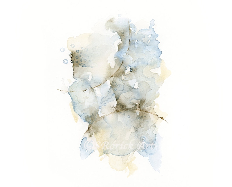 May include: Abstract watercolor painting in shades of blue, gray, and brown. The painting features a series of overlapping shapes and textures, creating a sense of depth and movement.