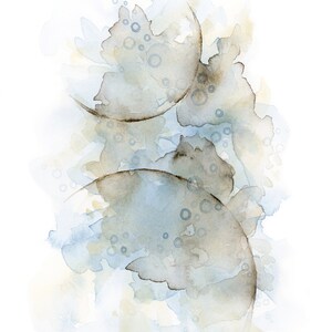 May include: Abstract watercolor painting with shades of blue, brown, and beige. The painting features overlapping circles and organic shapes.