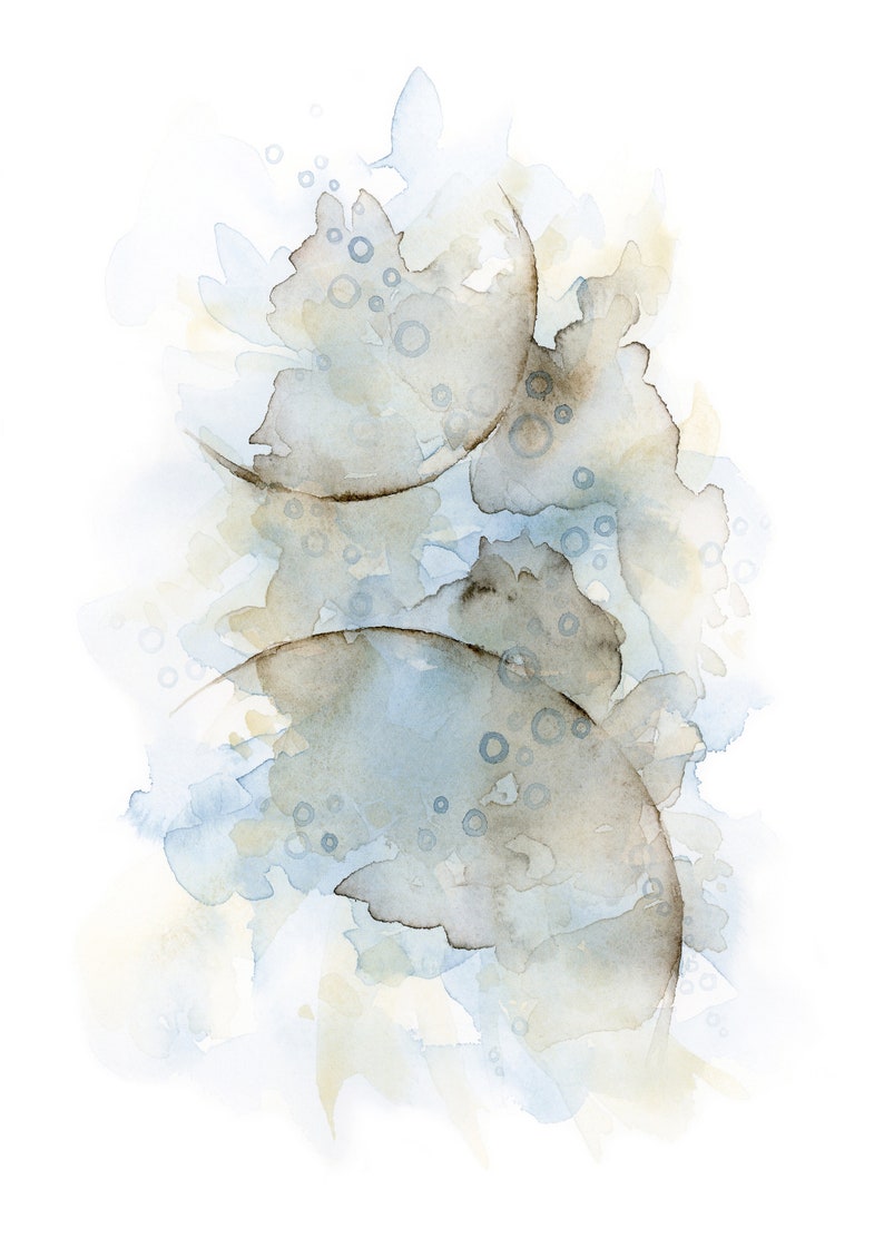 May include: Abstract watercolor painting with shades of blue, brown, and beige. The painting features overlapping circles and organic shapes.